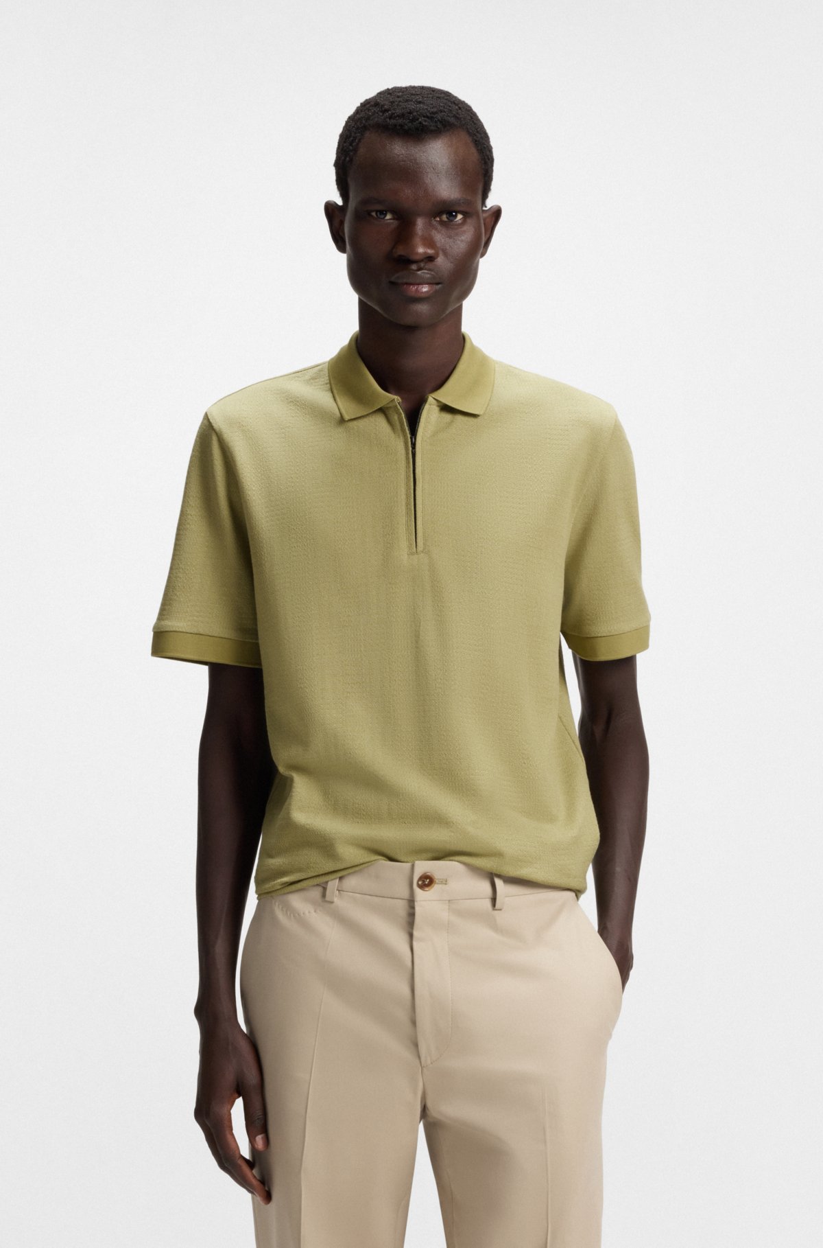 Camisola de polo regular em algodão e seda com gola zip