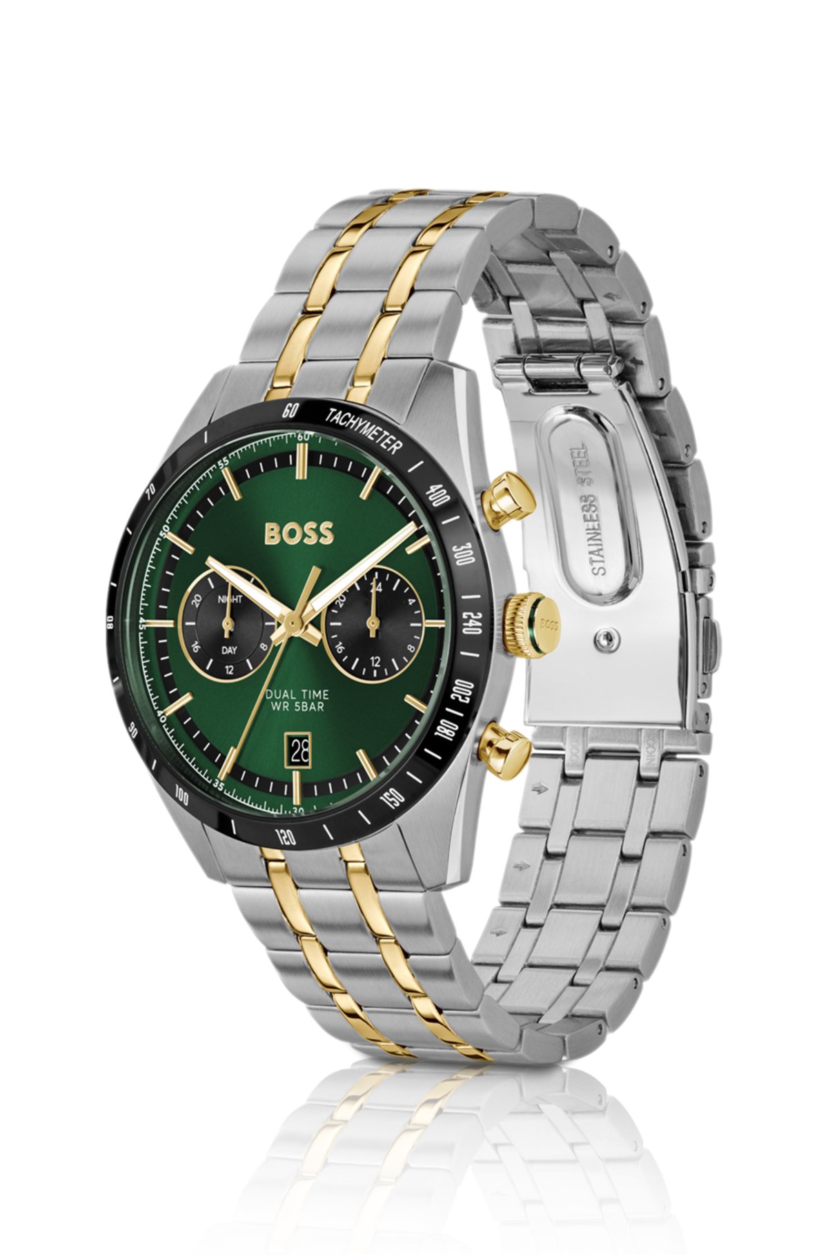 Relógio com mostrador verde e pulseira com efeito dourado