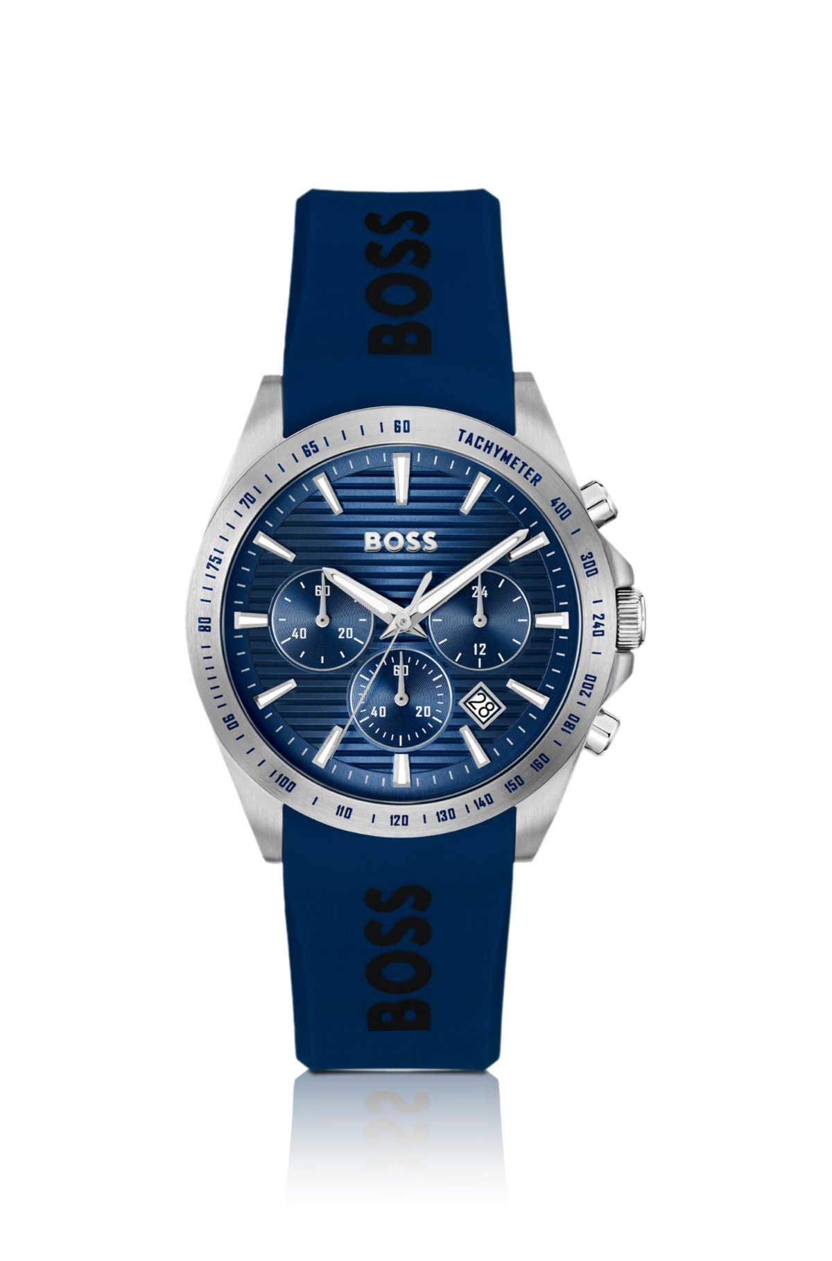 Relógio cronógrafo com pulseira com logotipo e mostrador azul texturizado