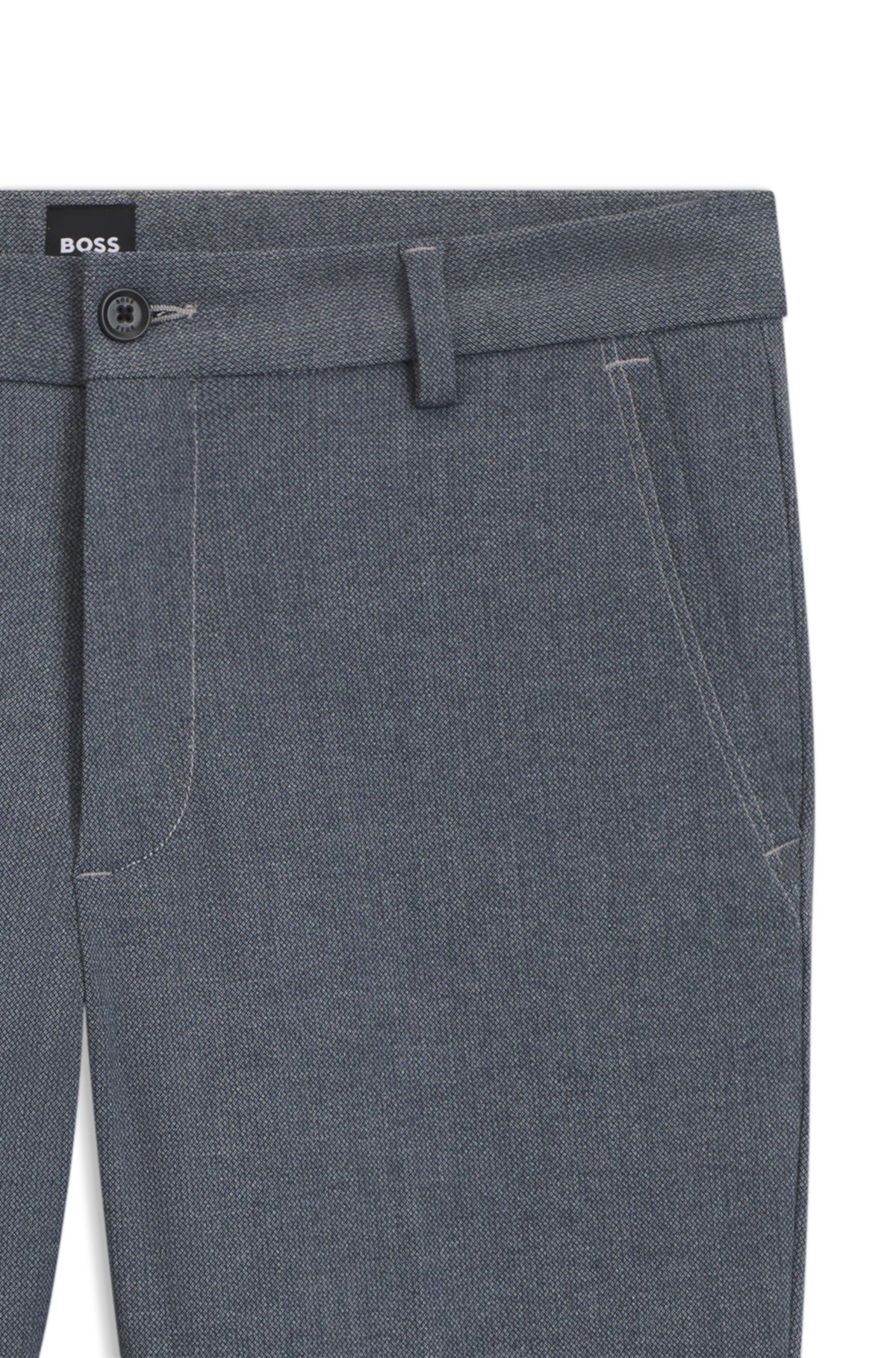 Calças masculinas slim-fit em tecido stretch com estrutura dobby