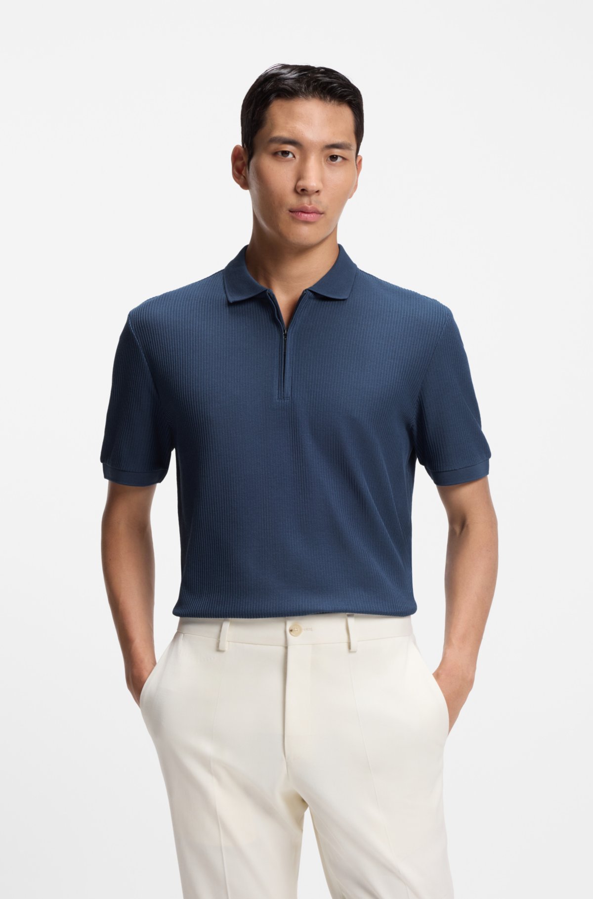 Camisola polo com botão de correr em algodão estruturado