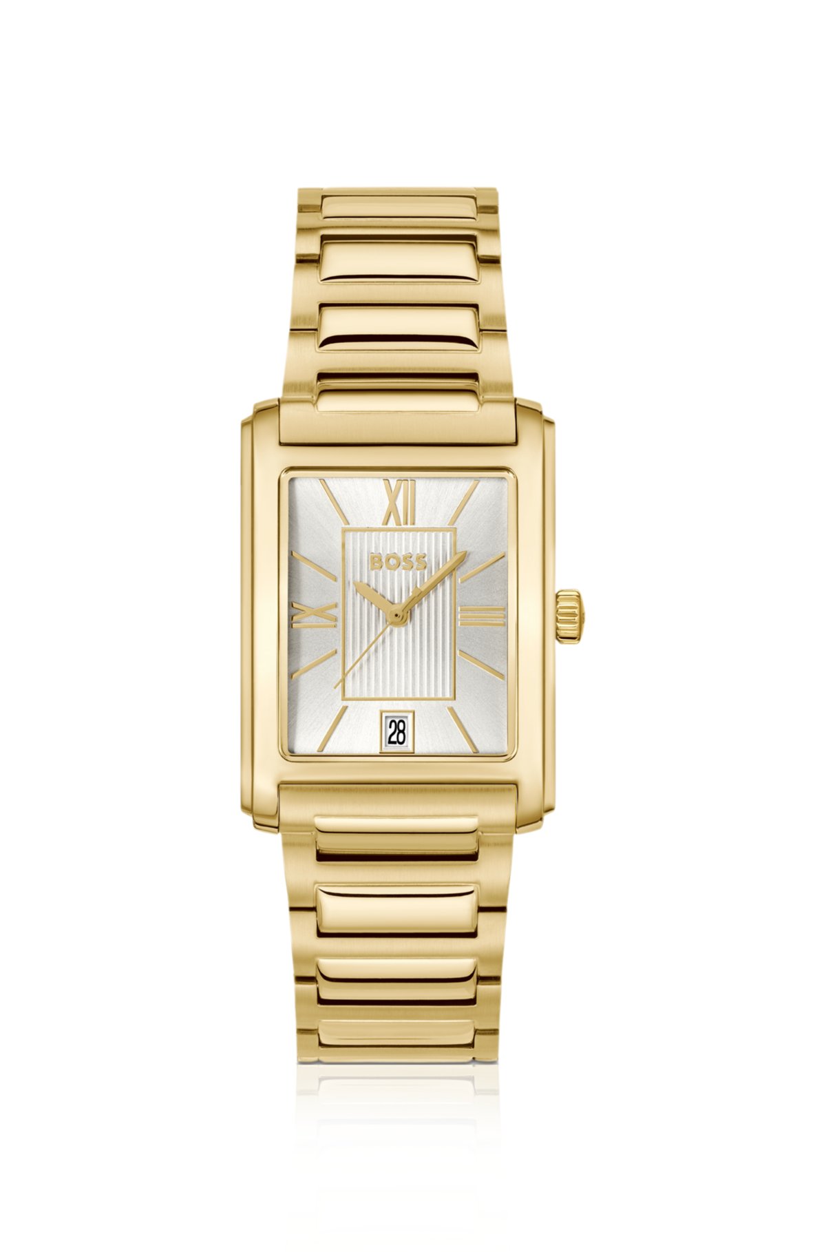 Relógio dourado com mostrador branco-prateado