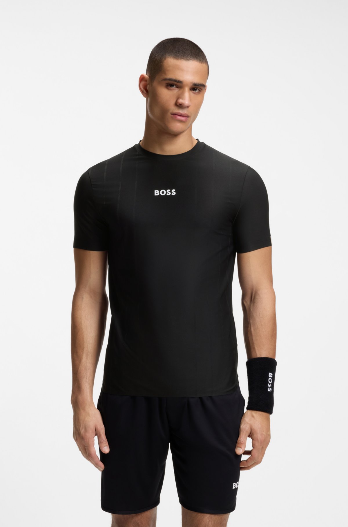 Camiseta slim-fit com listras jacquard e estampa de logotipo ativa