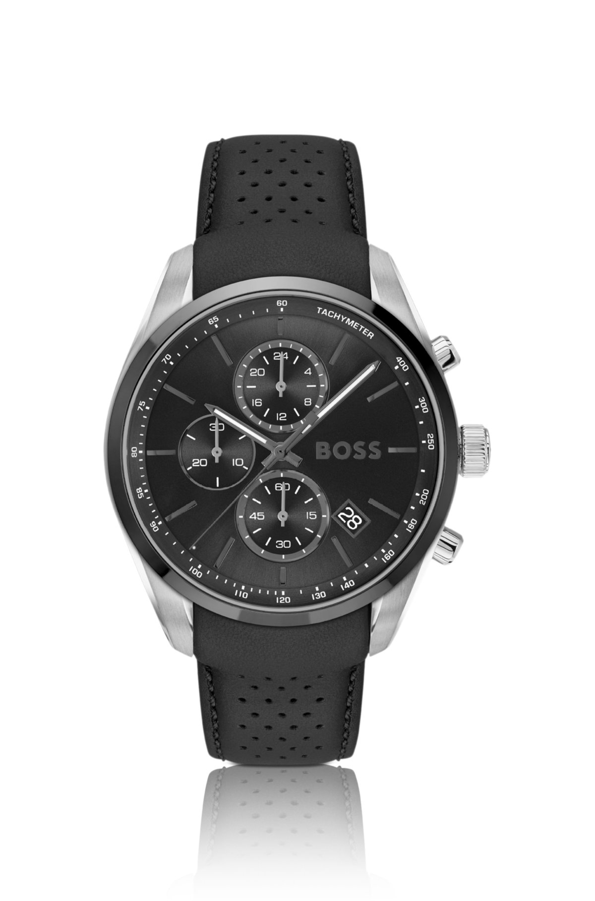 Relógio cronógrafo com pulseira de couro e mostrador preto