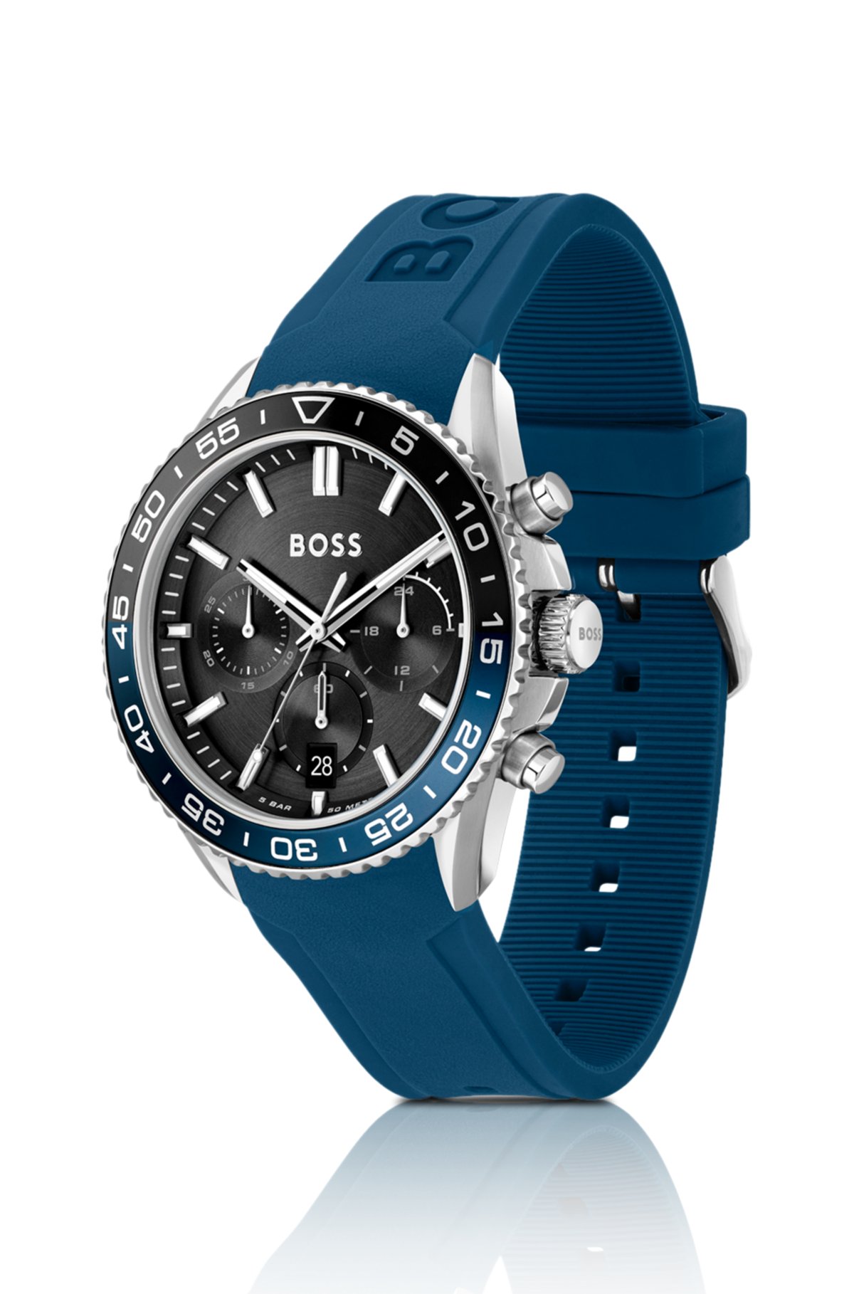Relógio cronógrafo com mostrador preto e pulseira de silicone azul