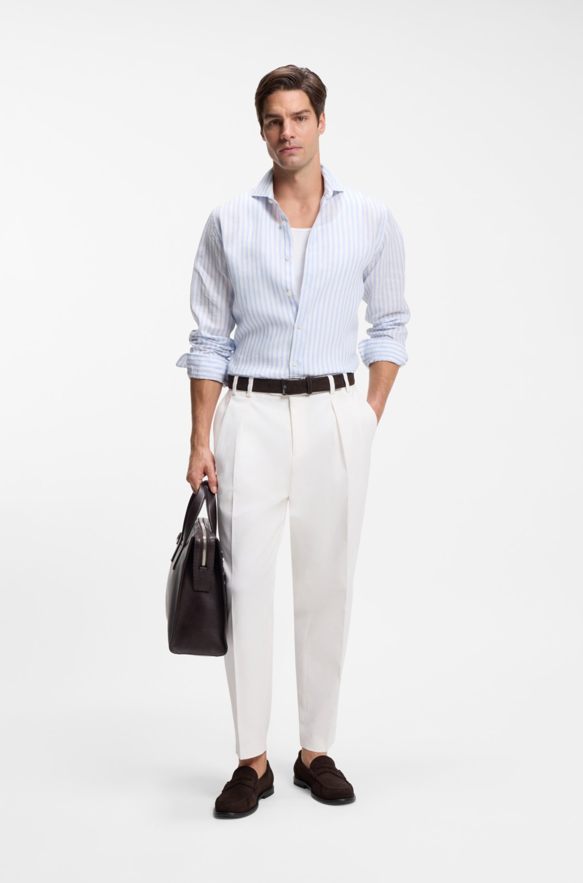 Camisa regular em linho listrado