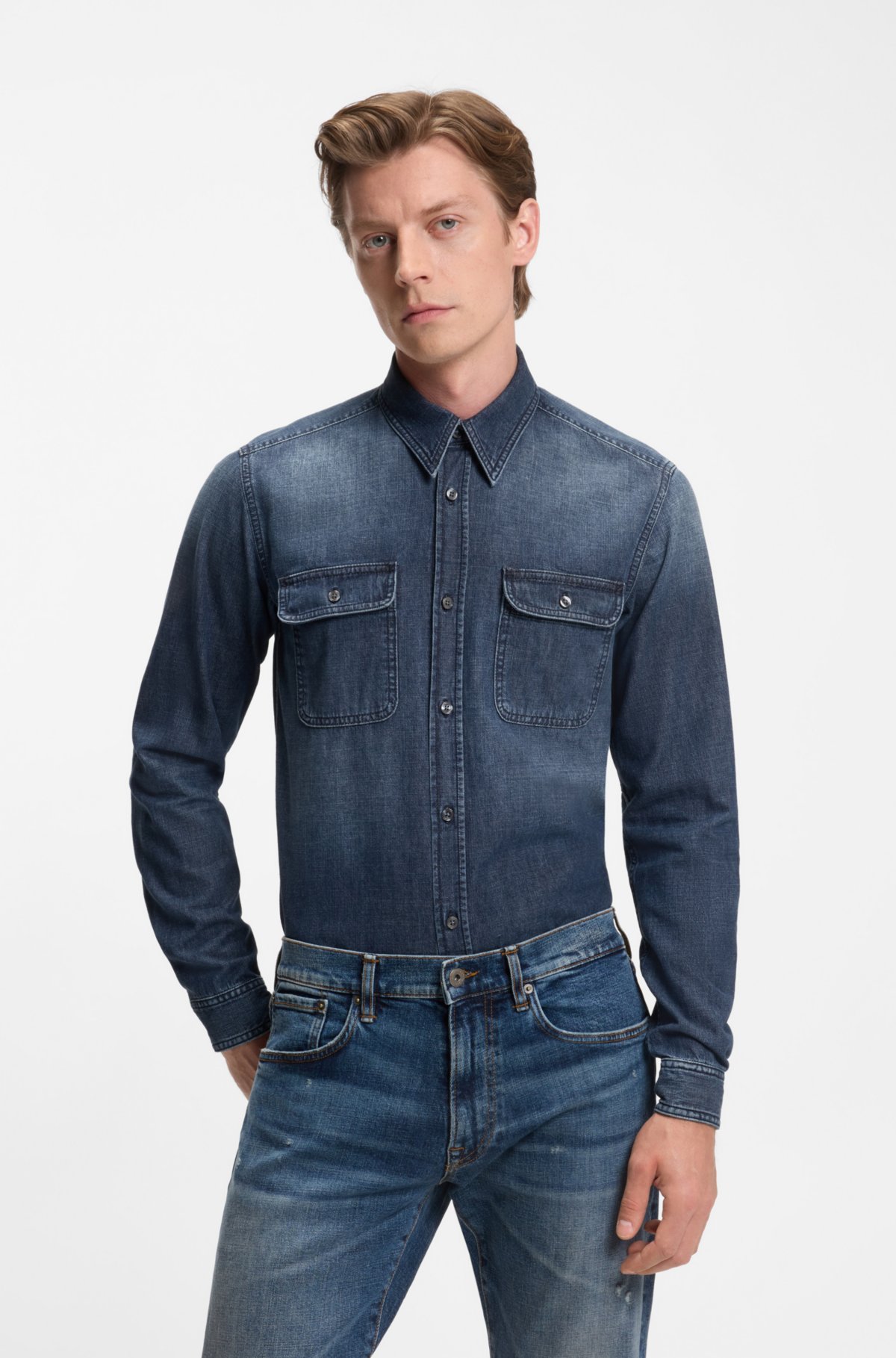 Camisa BECKHAM x BOSS em denim azul