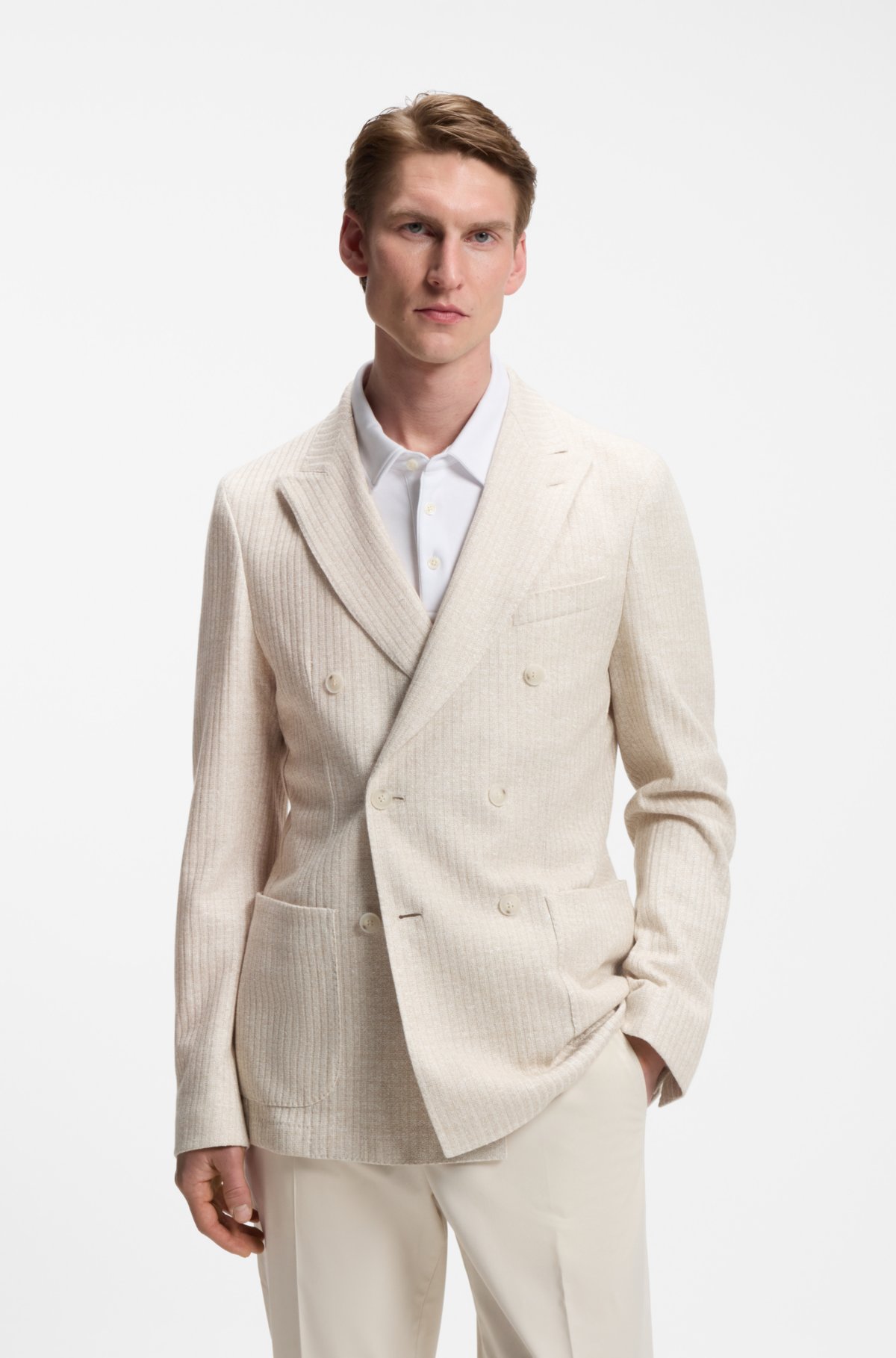 Blazer slim-fit em linho e algodão listrado