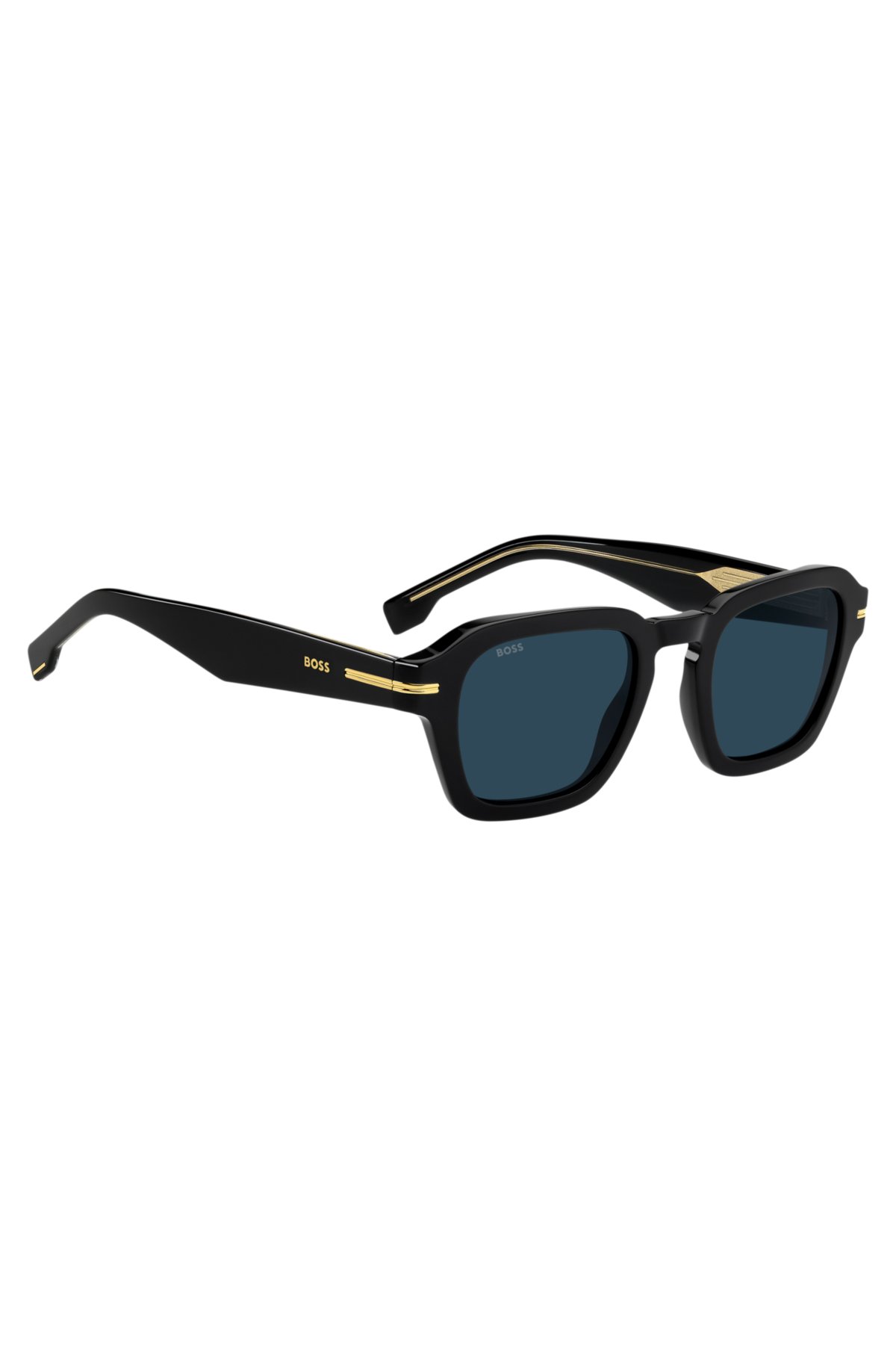 Óculos de sol de acetato preto com detalhes em tom dourado