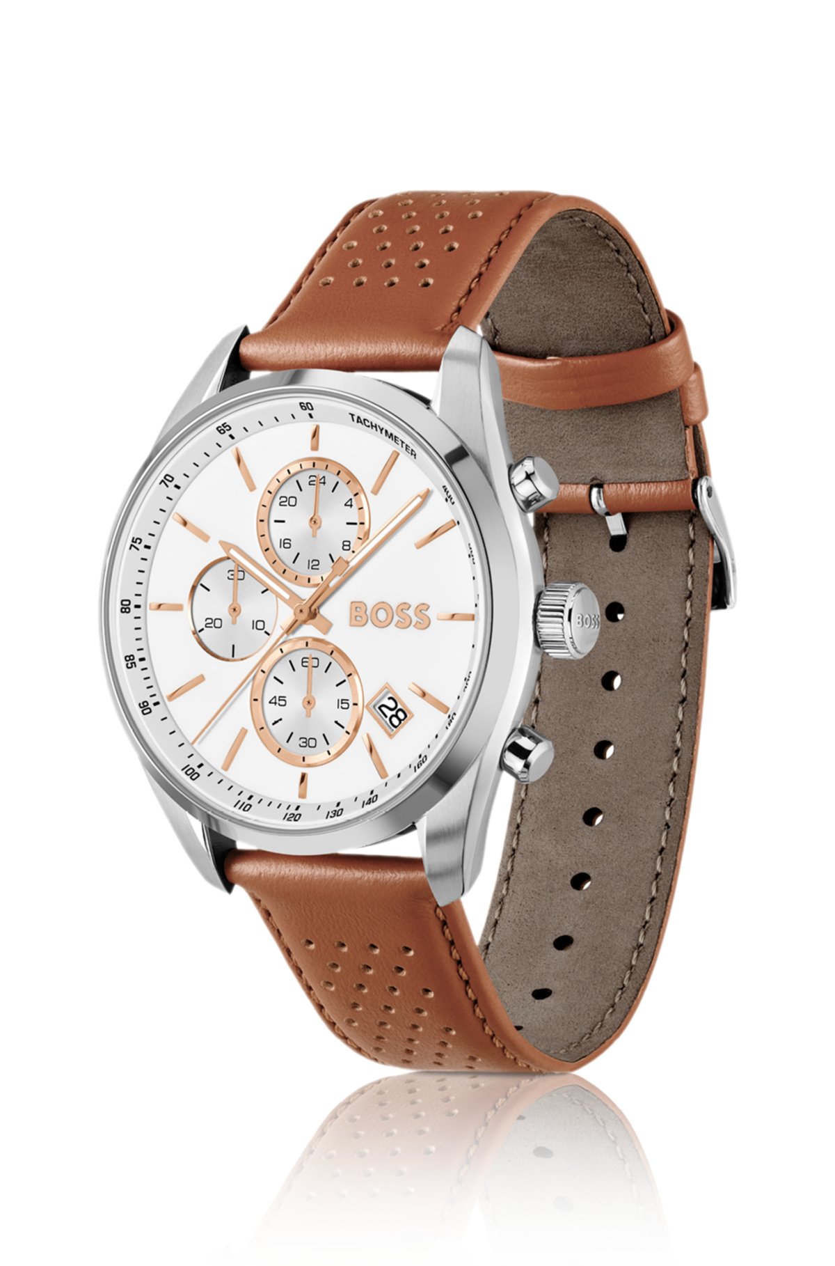 Relógio cronógrafo Grand Prix 44 com pulseira de couro perfurado