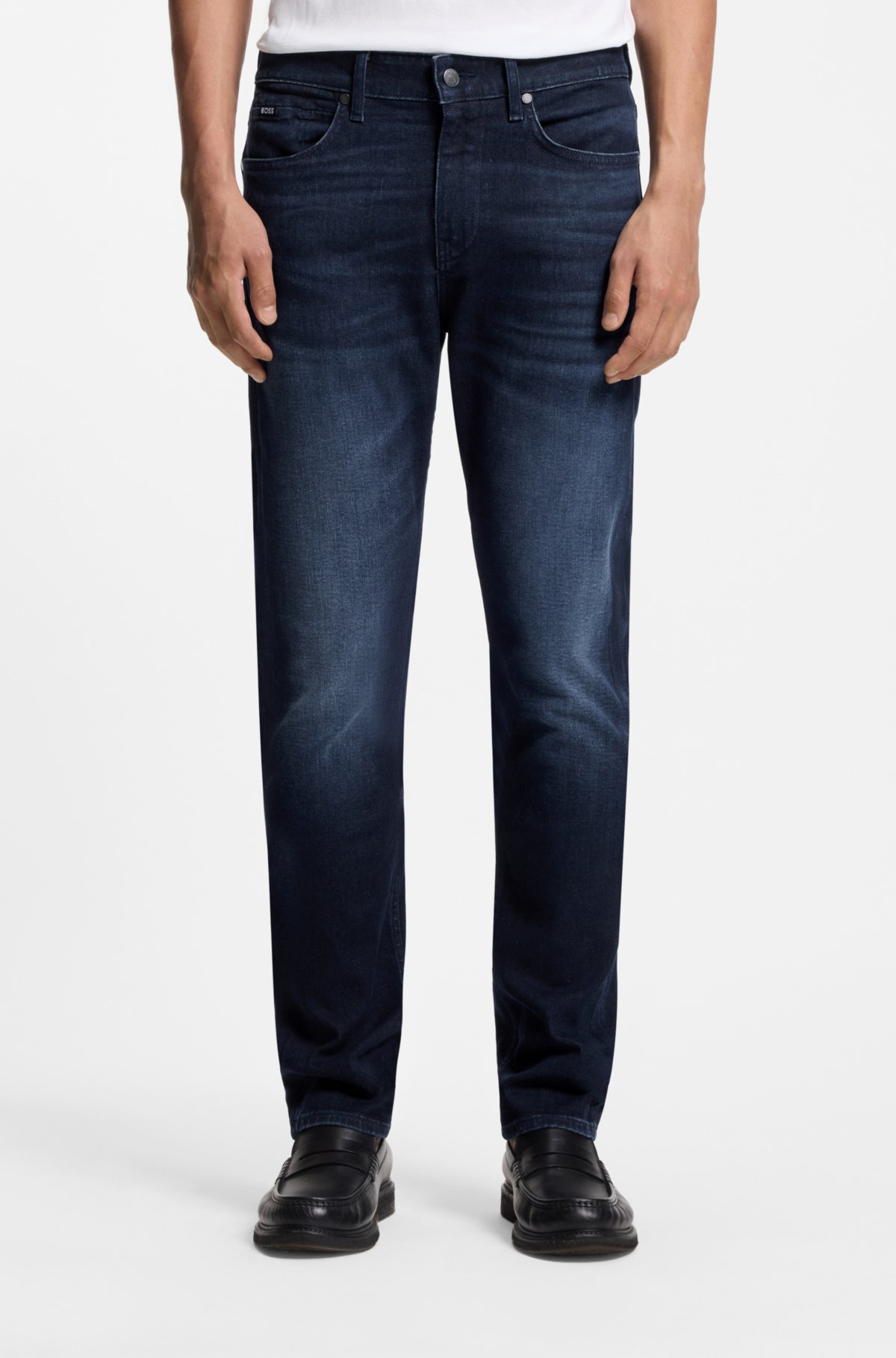 Calças jeans slim-fit em denim elástico azul-escuro