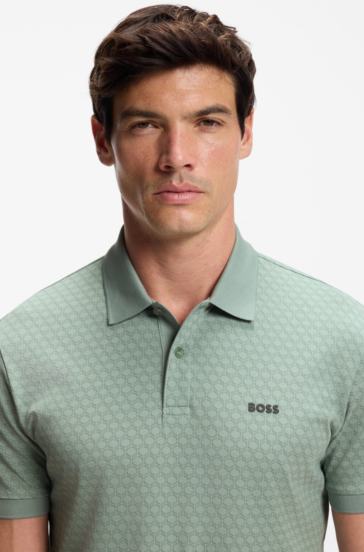 Camiseta polo estampada em piqué de algodão