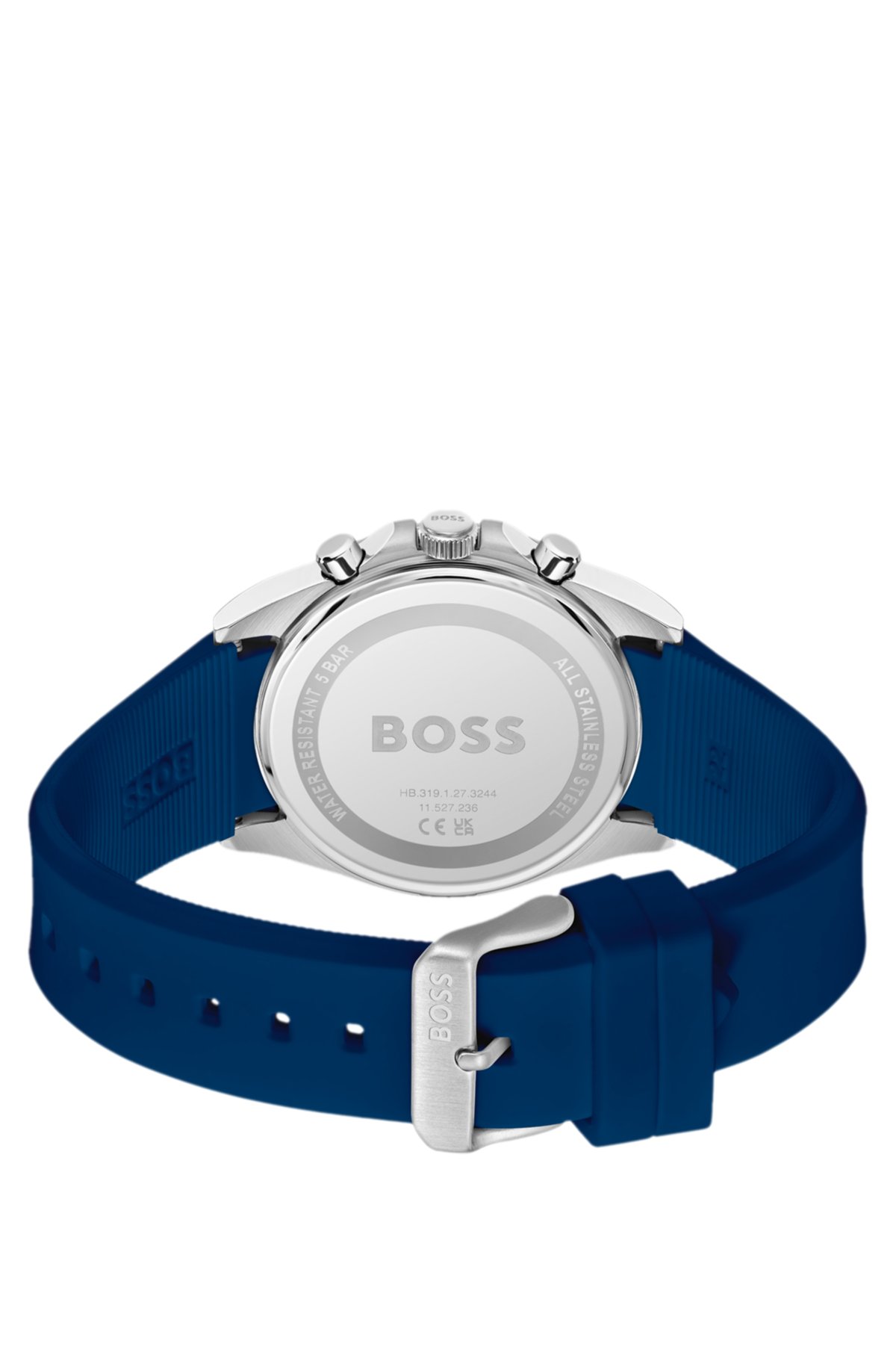 Relógio cronógrafo com pulseira com logotipo e mostrador azul texturizado