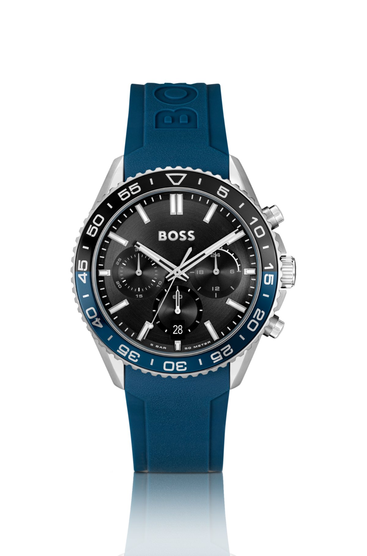 Relógio cronógrafo com mostrador preto e pulseira de silicone azul