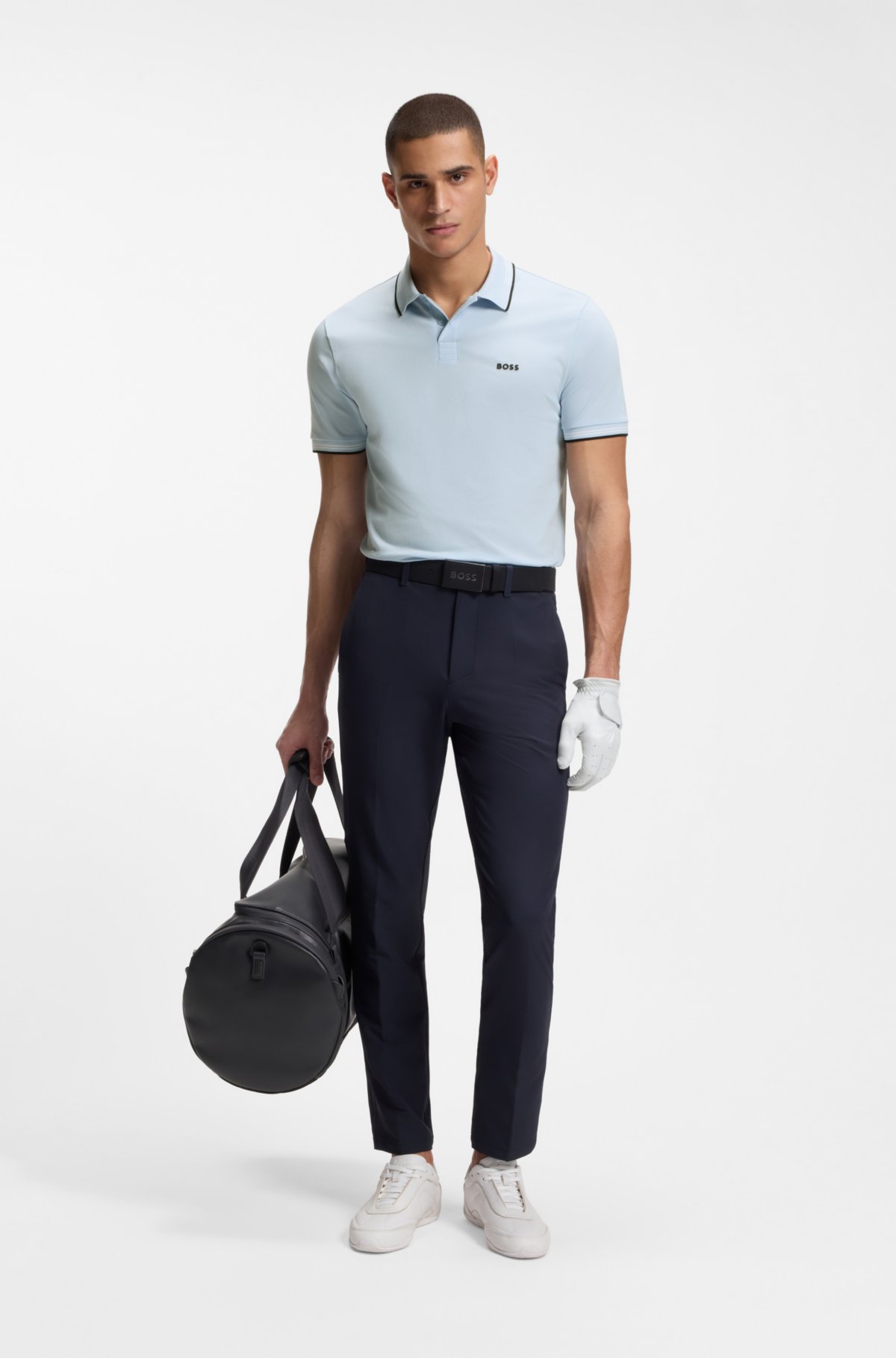Camiseta polo slim-fit de algodão elastizado com marca e listras