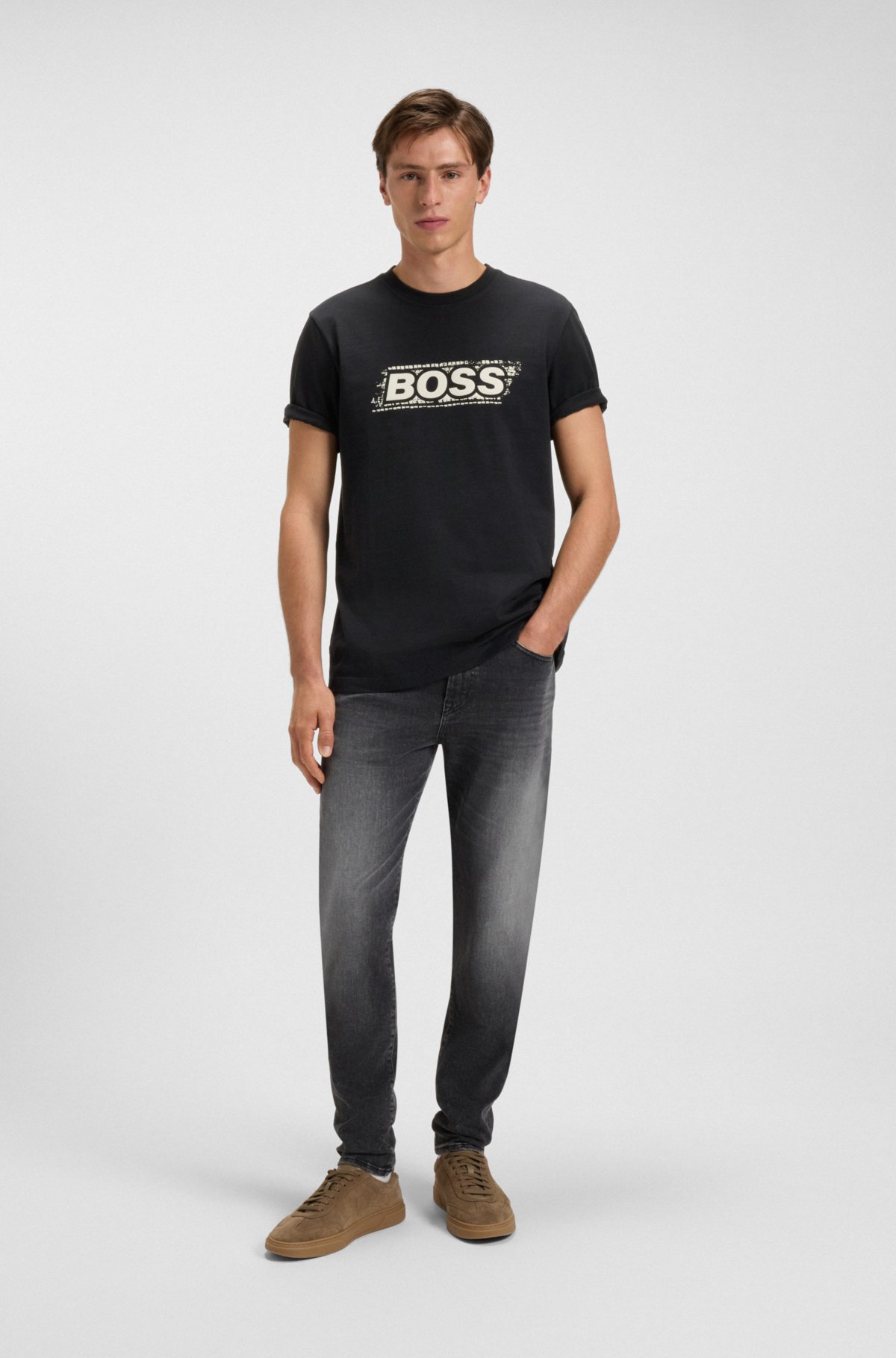 Camiseta de malha de algodão com arte gráfica do logotipo