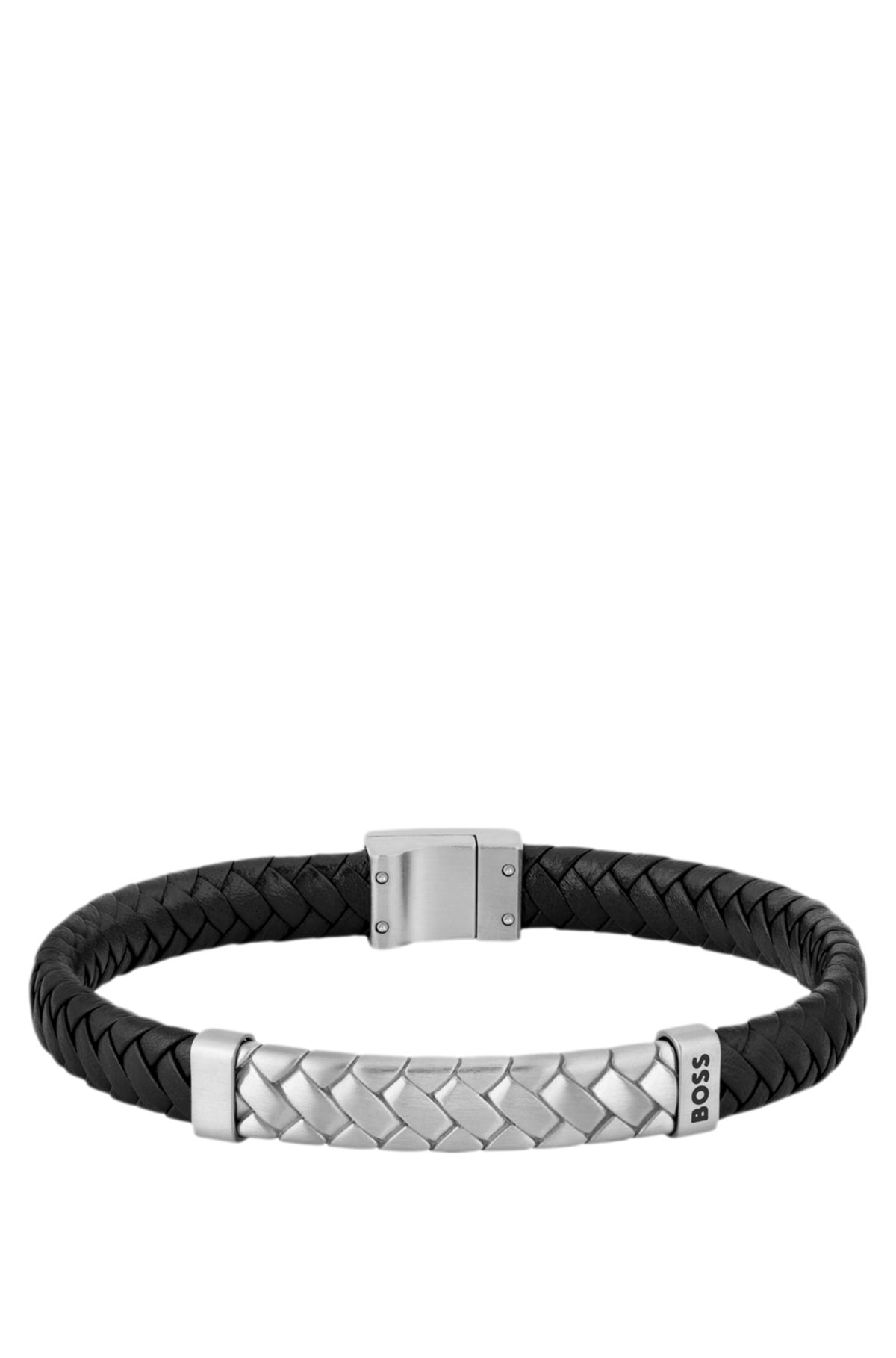 Pulseira de couro trançado preto com fechadura em herringbone