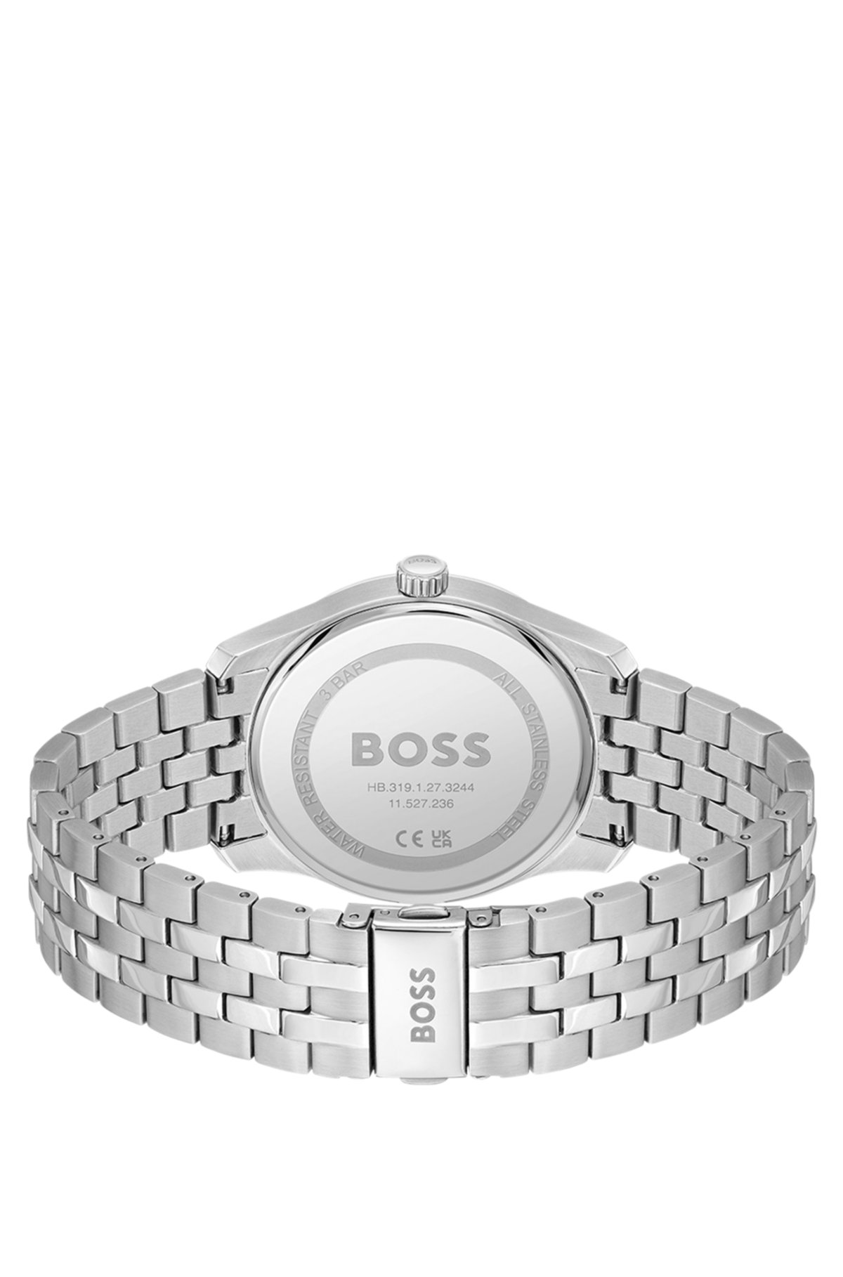 Relógio de pulseira com bracelete de elos e mostrador com padrão cinza
