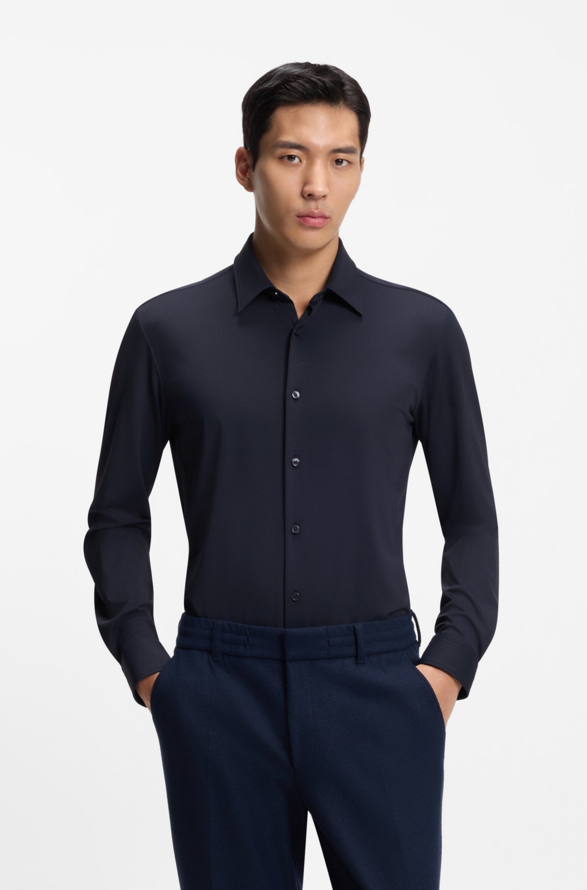 Camisa slim-fit de malha estruturada com elastano para desempenho