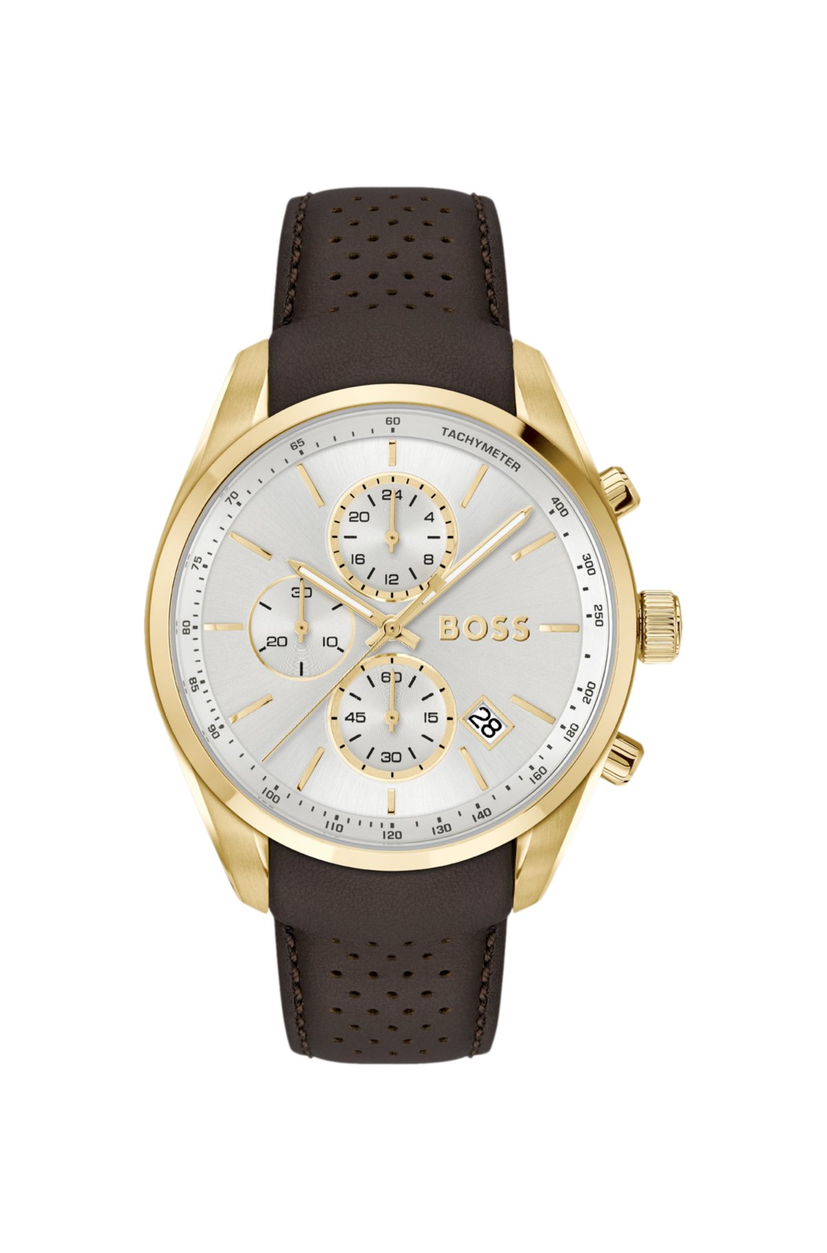 Relógio cronógrafo com acabamento dourado GRAND PRIX 44 com pulseira de couro perfurada