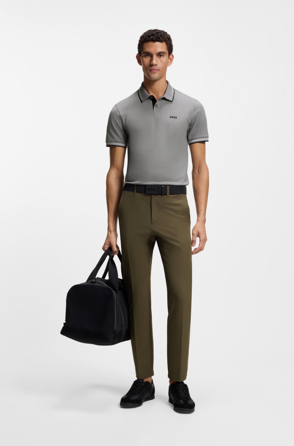 Camiseta polo slim-fit em algodão elastizado com estampa e listras