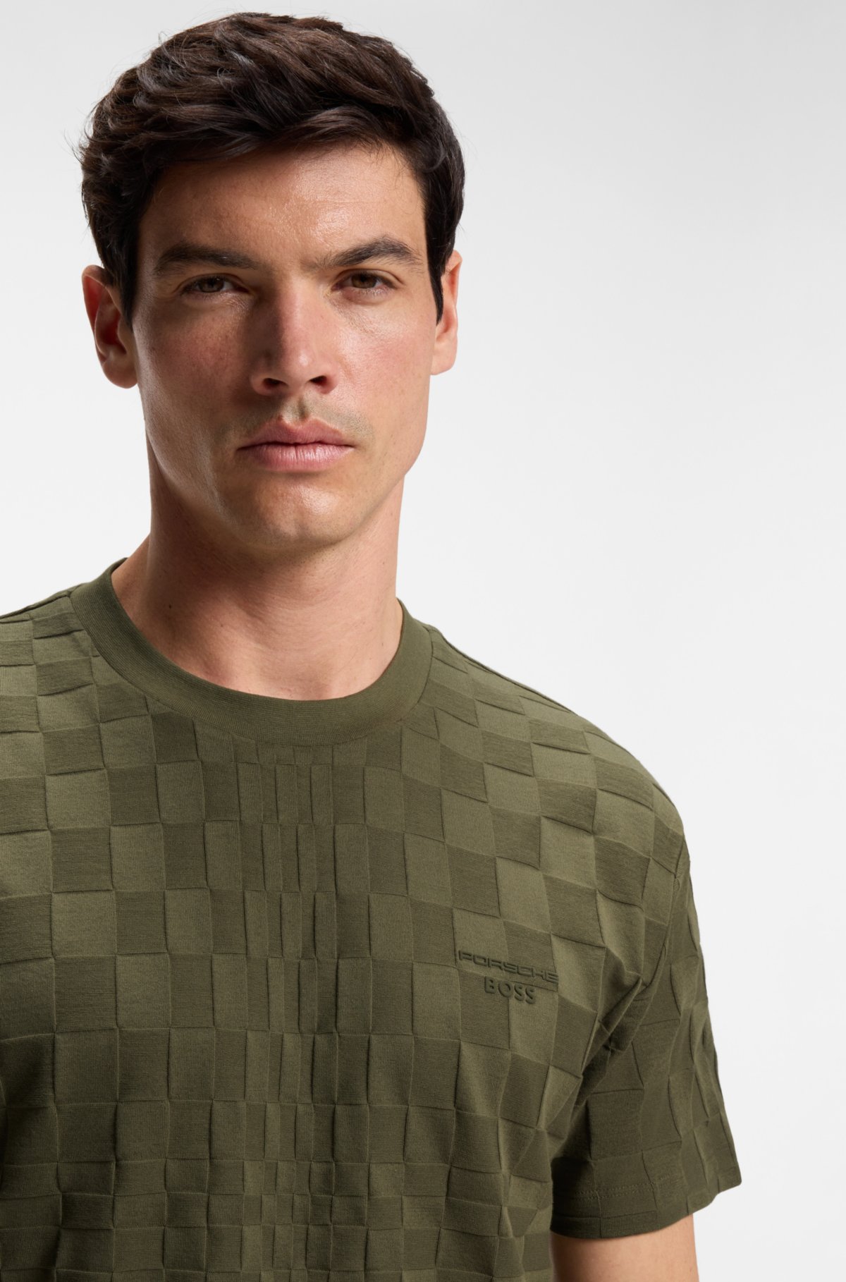 Camiseta masculina solta em malha de algodão com estampa jacquard Porsche x BOSS