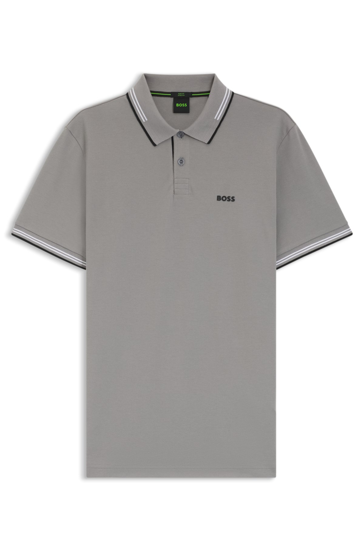 Camiseta polo slim-fit em algodão elastizado com estampa e listras