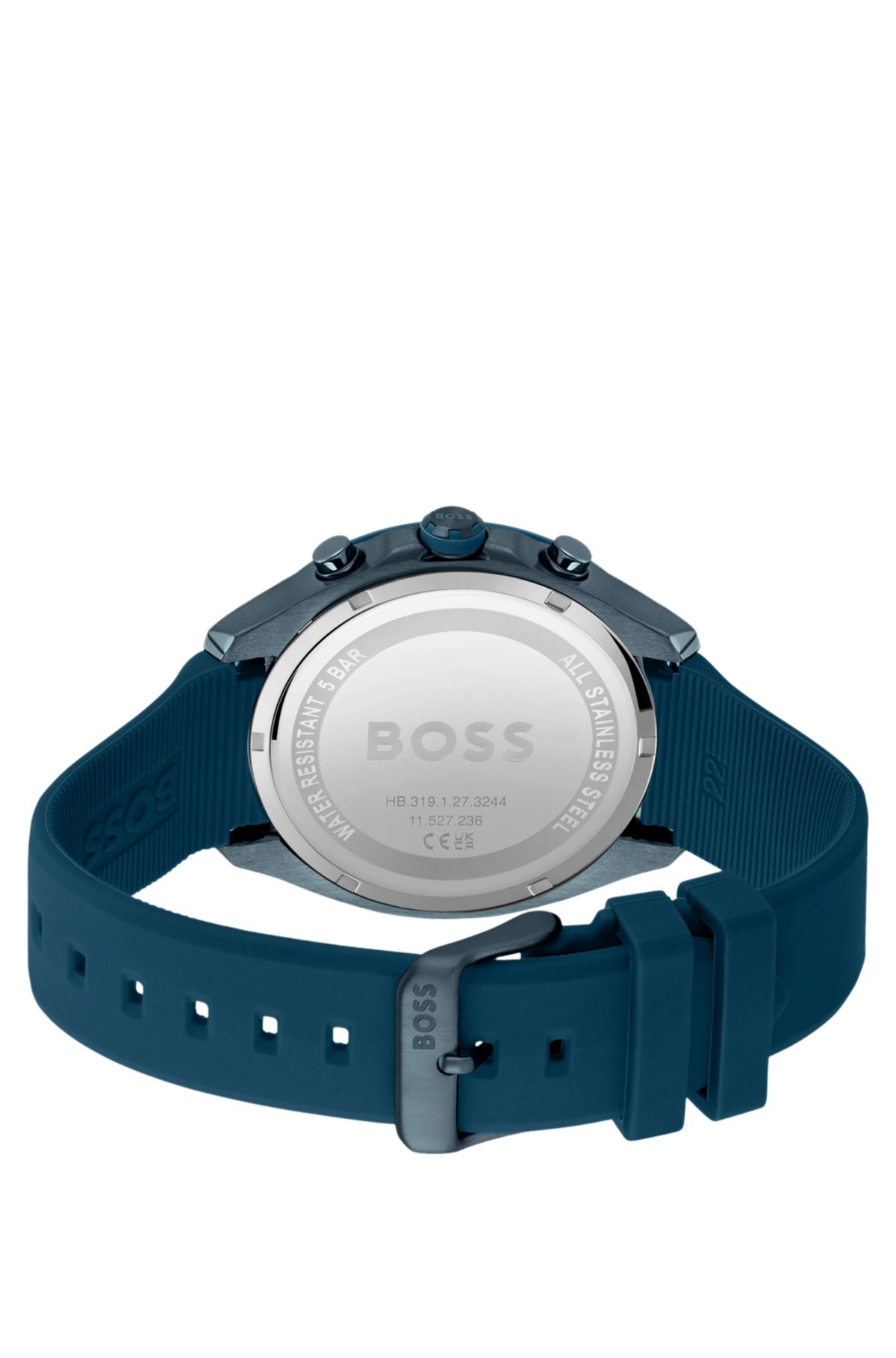 Relógio cronógrafo com prata azul e pulseira de silicone azul