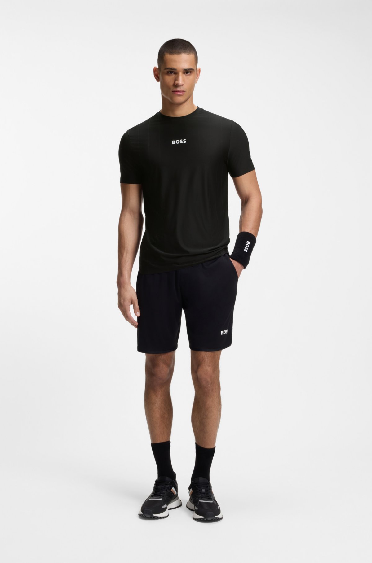 Camiseta slim-fit com listras jacquard e estampa de logotipo ativa