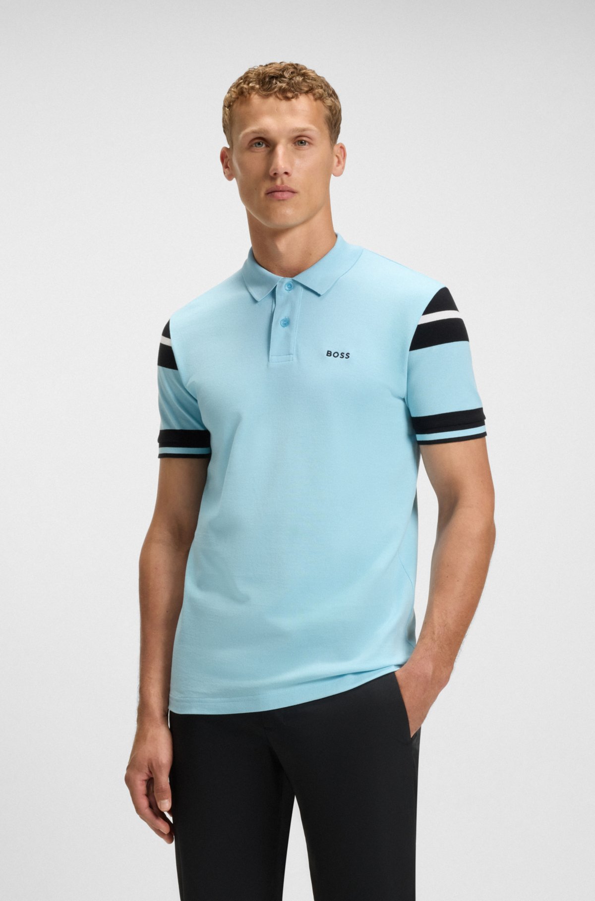 Camisola polo com listras blocadas em piqué de algodão