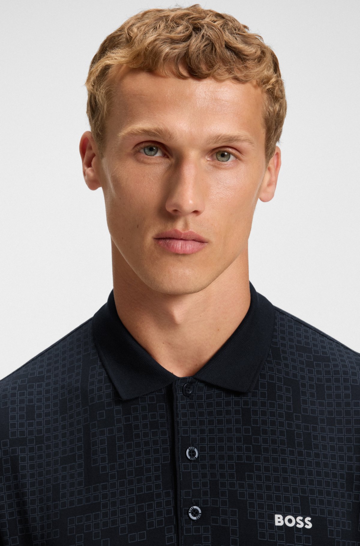 Camisa polo de malha de algodão elástico com estampa total