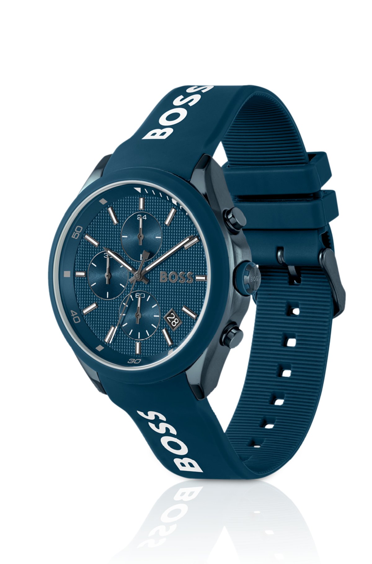 Relógio cronógrafo com prata azul e pulseira de silicone azul