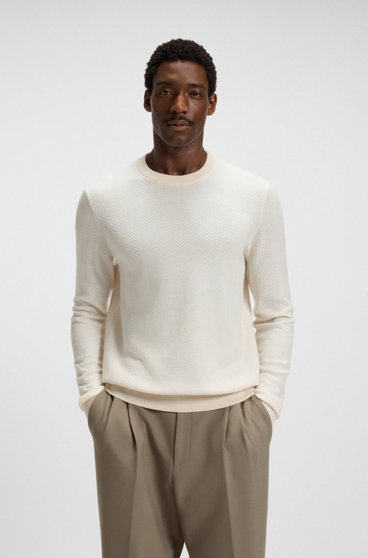 Suéter com padrão herringbone em lã e algodão