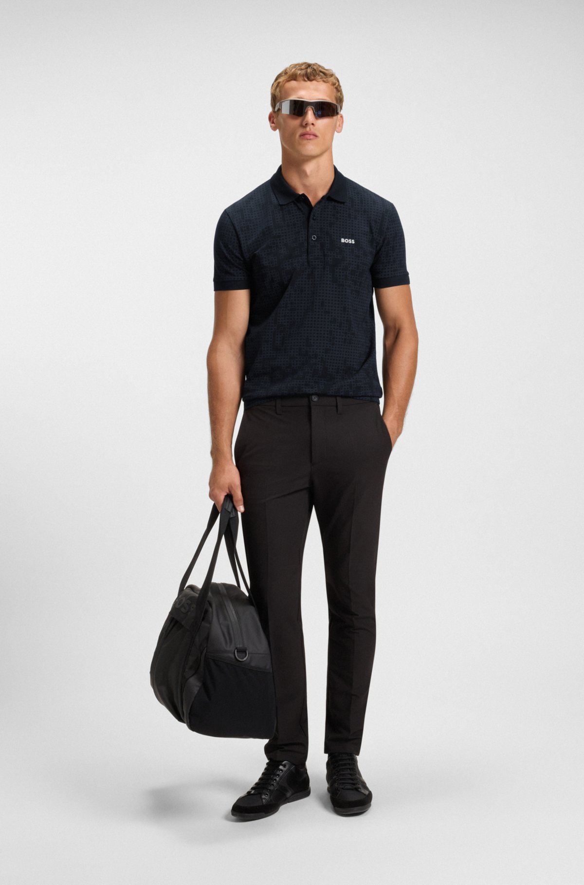 Camisa polo de malha de algodão elástico com estampa total