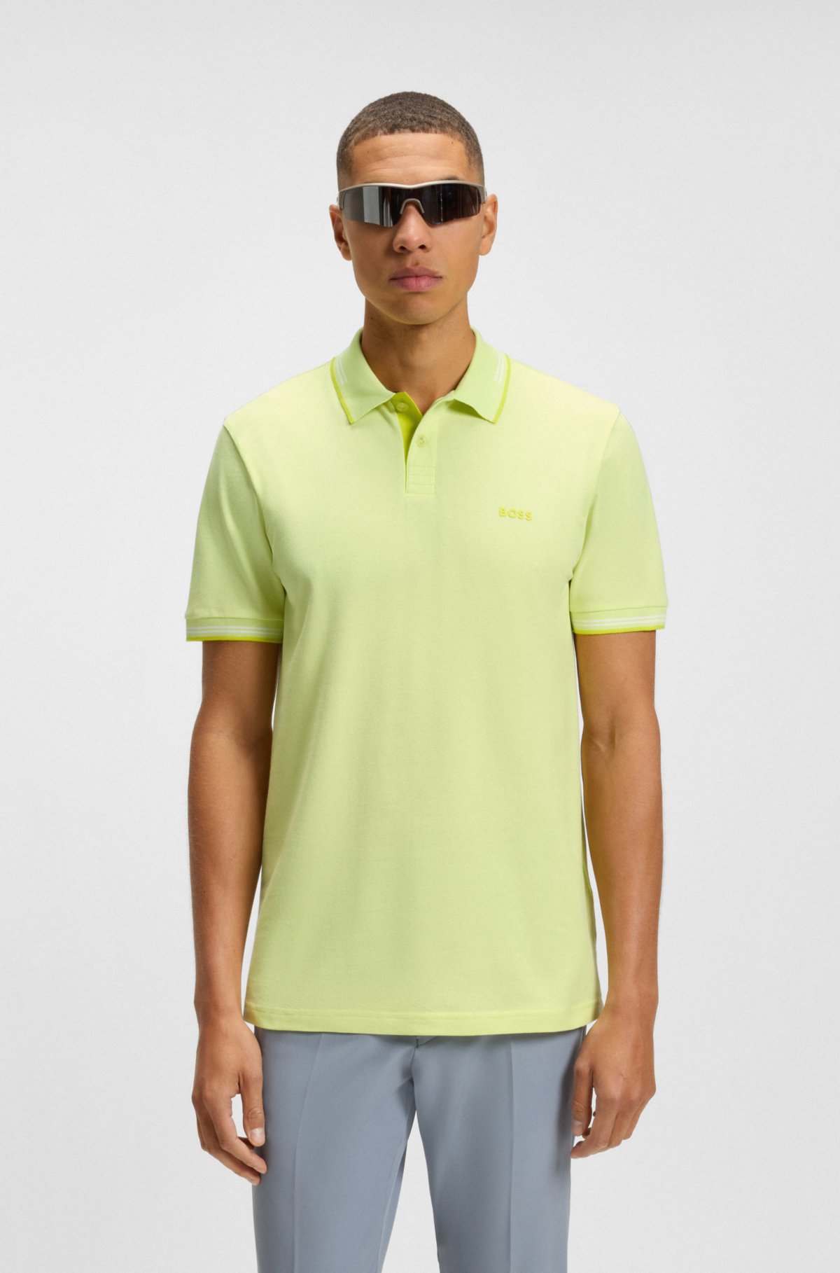 Camiseta polo slim-fit de algodão elastano com estampa e listras