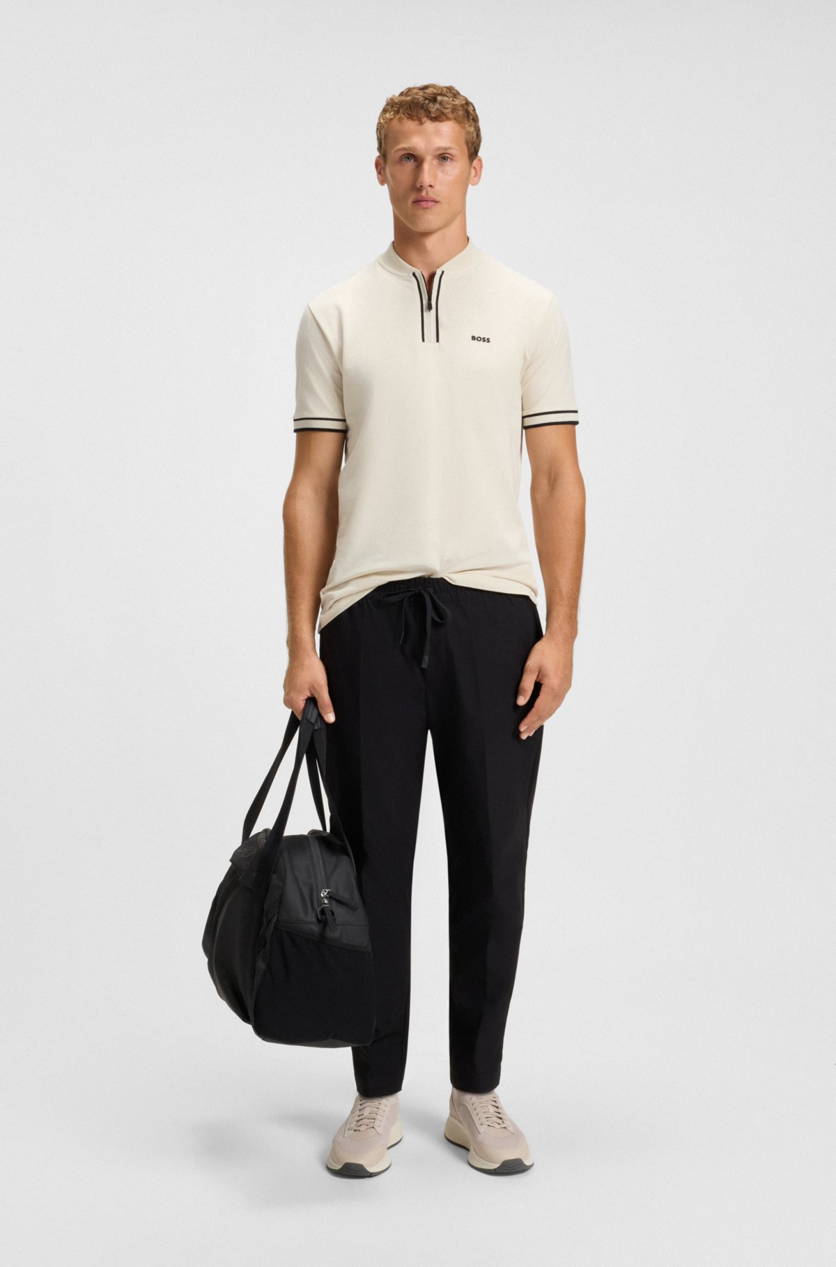 Camisola polo com gola em zíper em piqué de algodão elastano