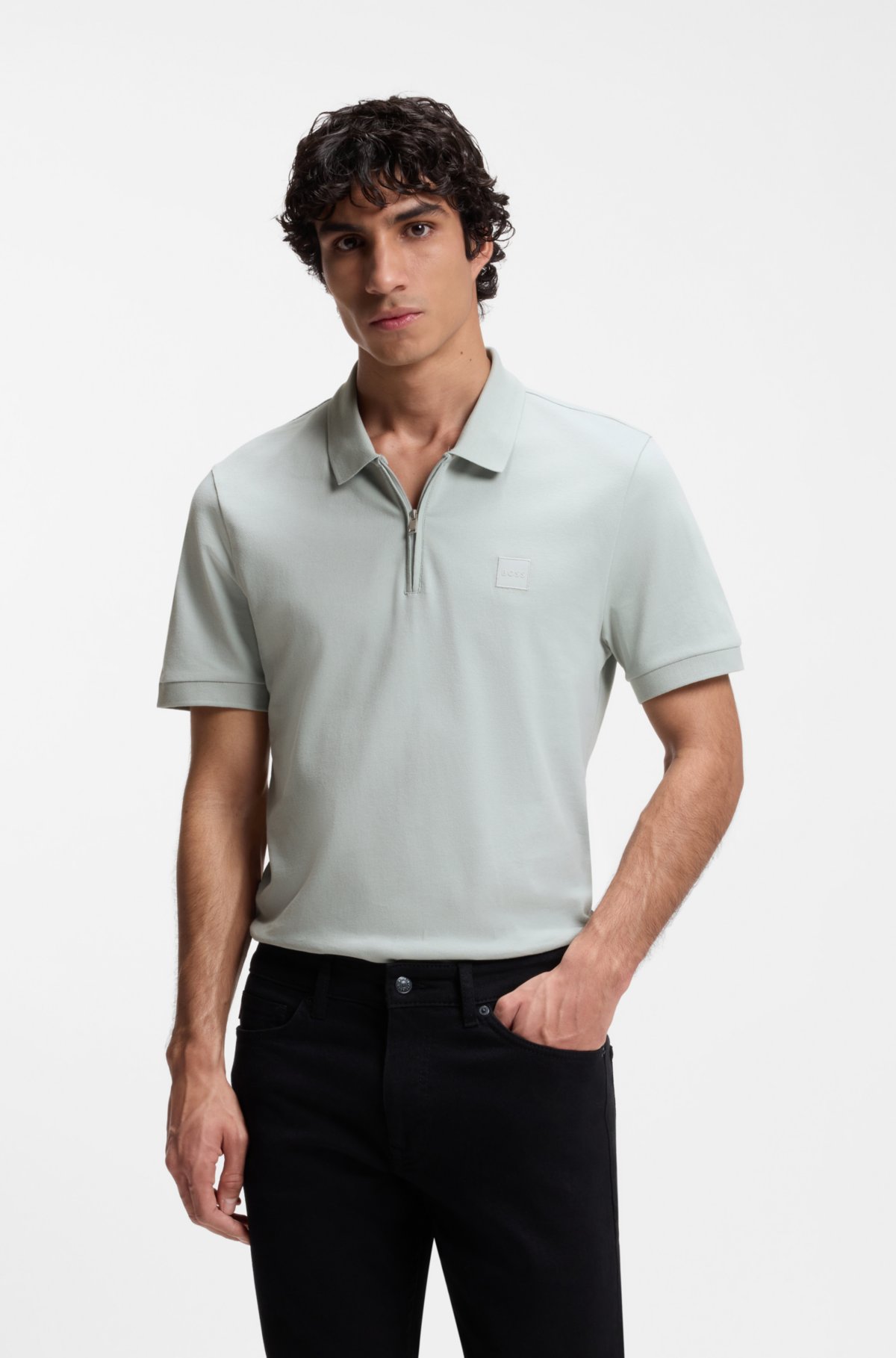 Camiseta polo slim-fit de algodão elastano com patch de logotipo