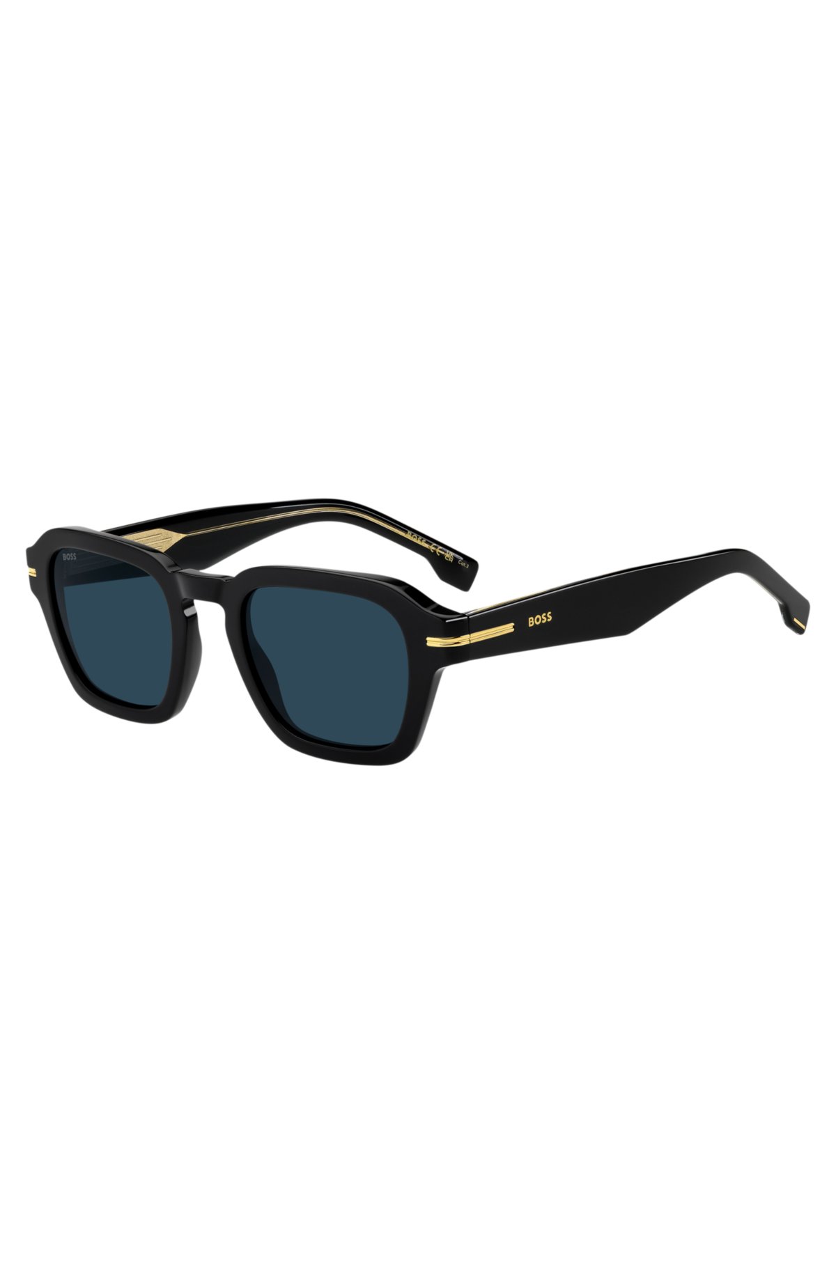 Óculos de sol de acetato preto com detalhes em tom dourado