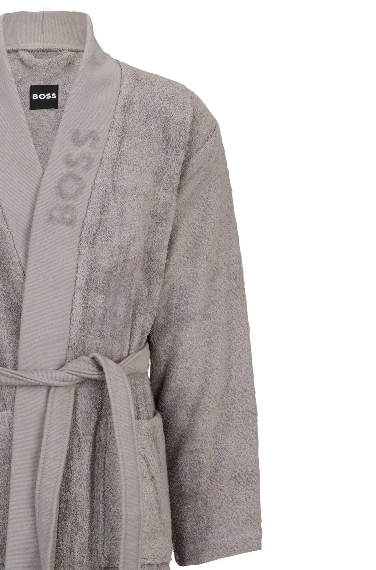 Pijama de banho cinza com logo no paletó em algodão de fibra longa