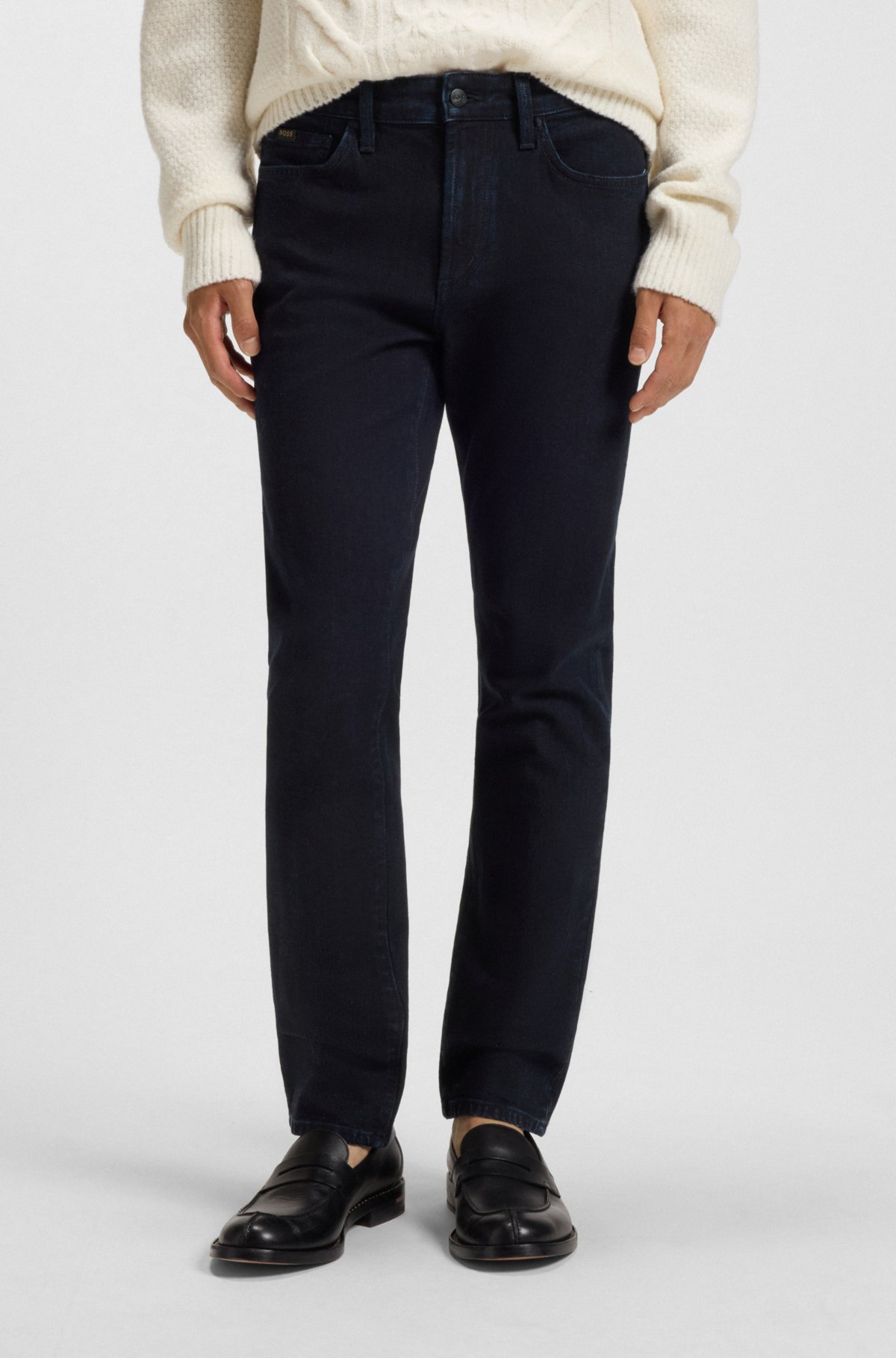 Calças jeans slim azuis em denim com elastano confortável