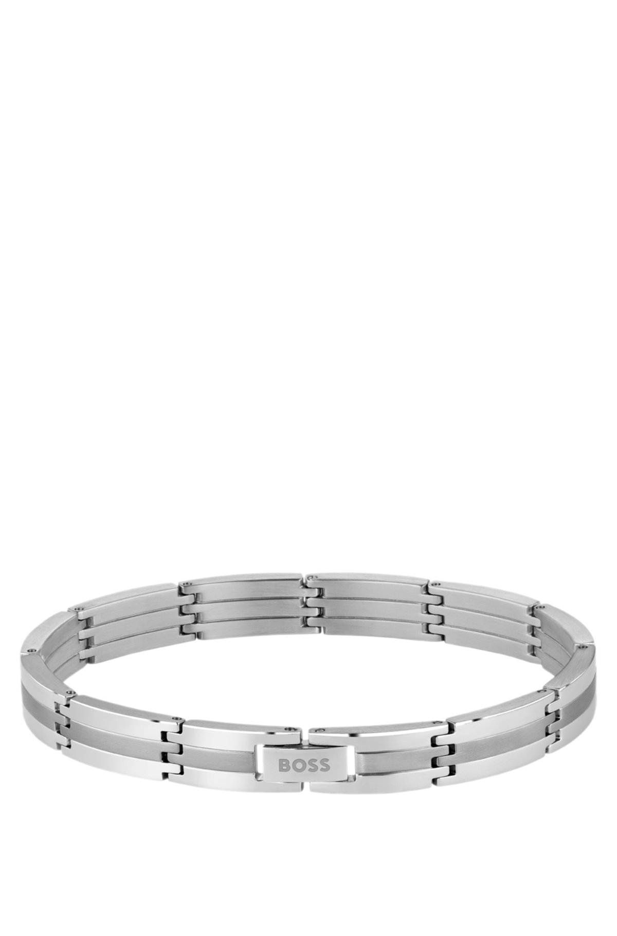 Pulseira listrada com tom prateado e fecho com logotipo