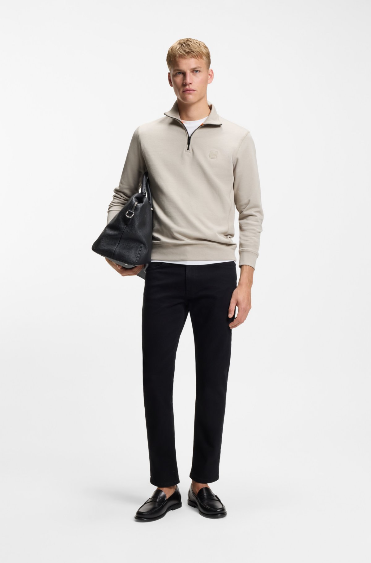 Sweatshirt de algodão-terry com zíper quarter e patch de logotipo