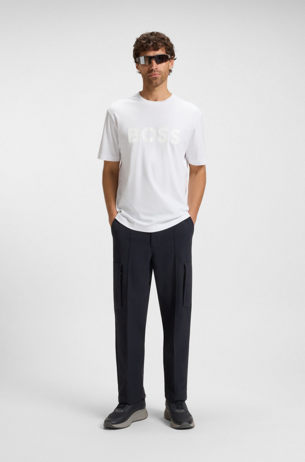 Camiseta de malha de algodão com logotipo estruturado