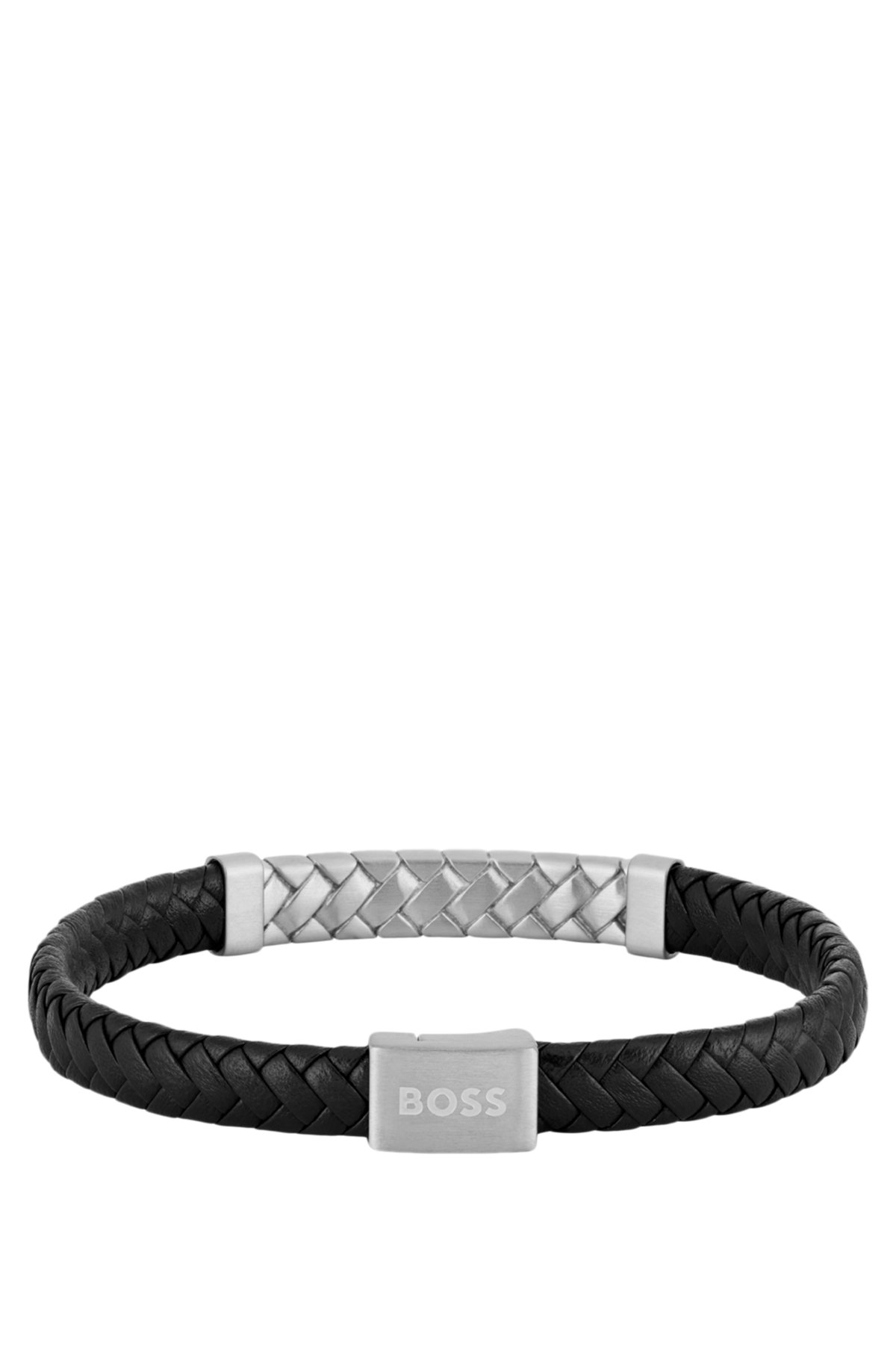 Pulseira de couro trançado preto com fechadura em herringbone